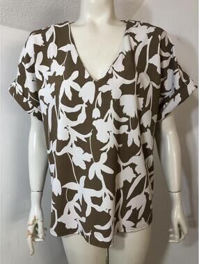 Melloday Womens Large Knit Stretch Top Brown White Floral Zipper Back Capsleeve